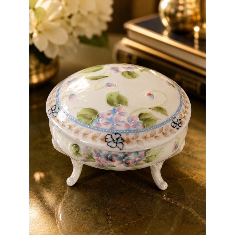 Vintage Pink Porcelain Footed Trinket Box Moriage Floral Hand Painted Japan